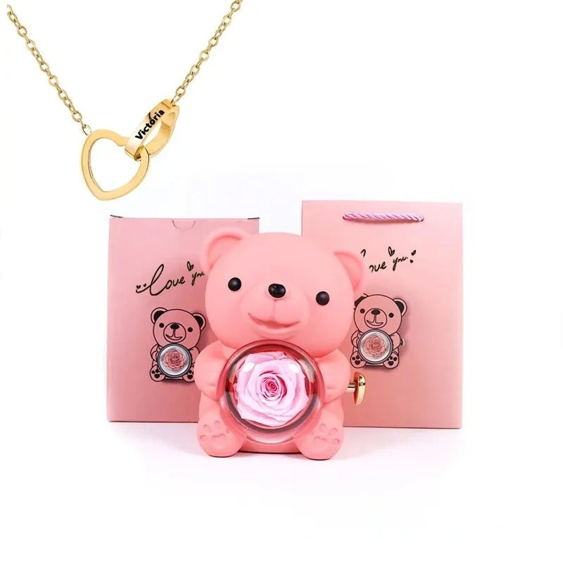 Bear with Eternal Rose and Heart Necklace
