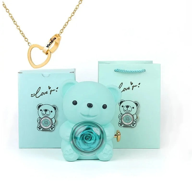 Bear with Eternal Rose and Heart Necklace