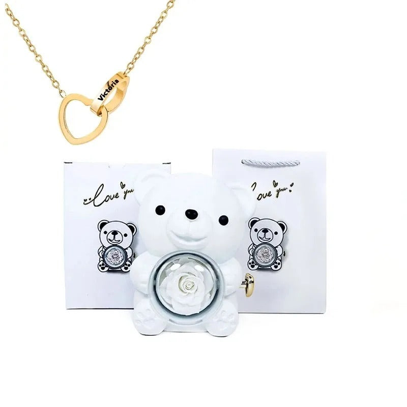 Bear with Eternal Rose and Heart Necklace