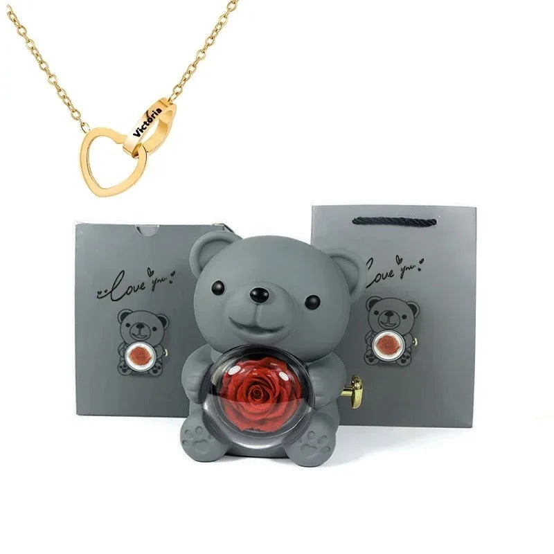 Bear with Eternal Rose and Heart Necklace