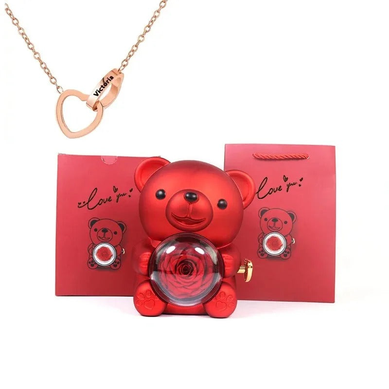 Bear with Eternal Rose and Heart Necklace